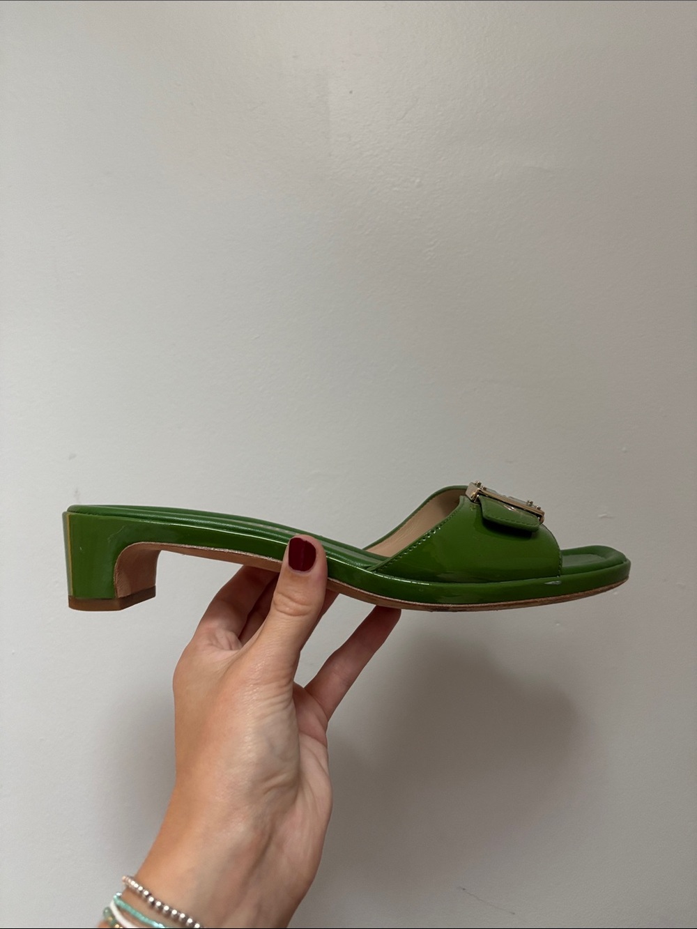 kate spade Green Patent Leather Slide Mules with Gold Buckle - Picture 2 of 6